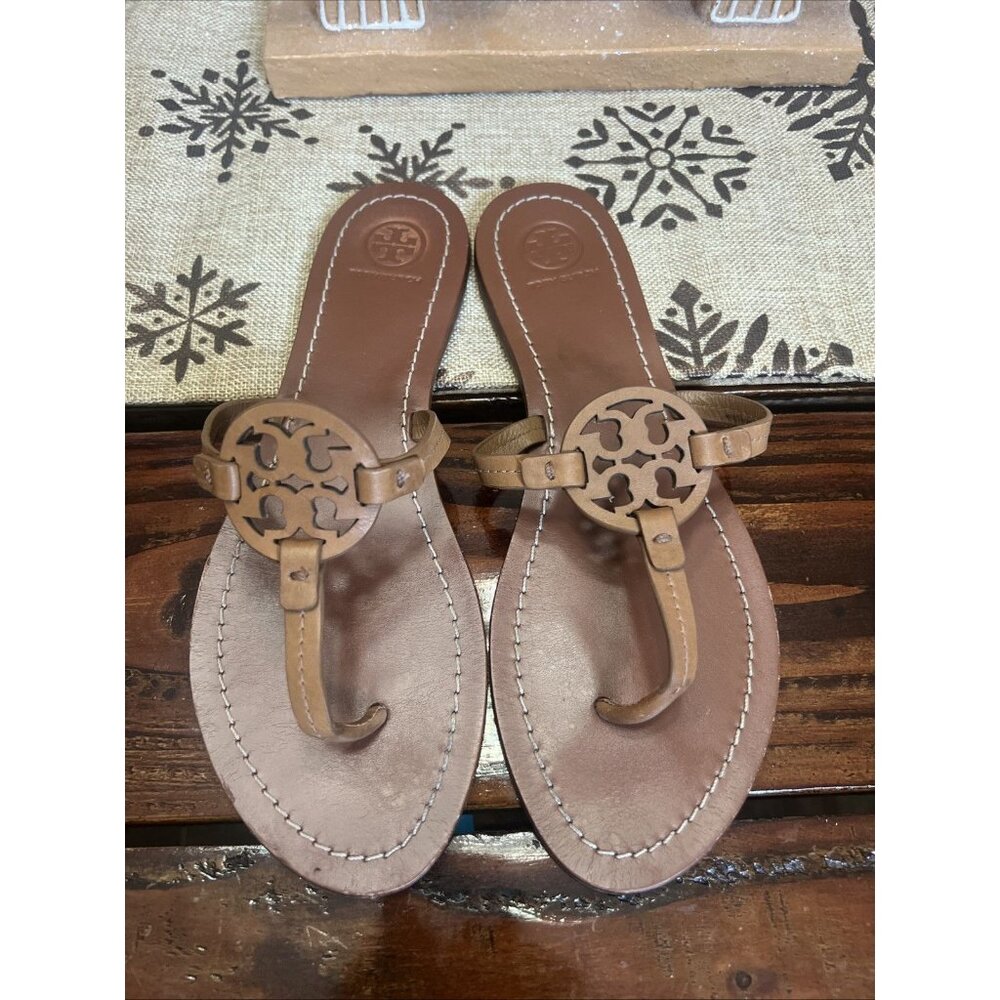 Tory Burch Gabriel Flat Thong Brown Leather Size 9M Women’s Sandal - Picture 3 of 5